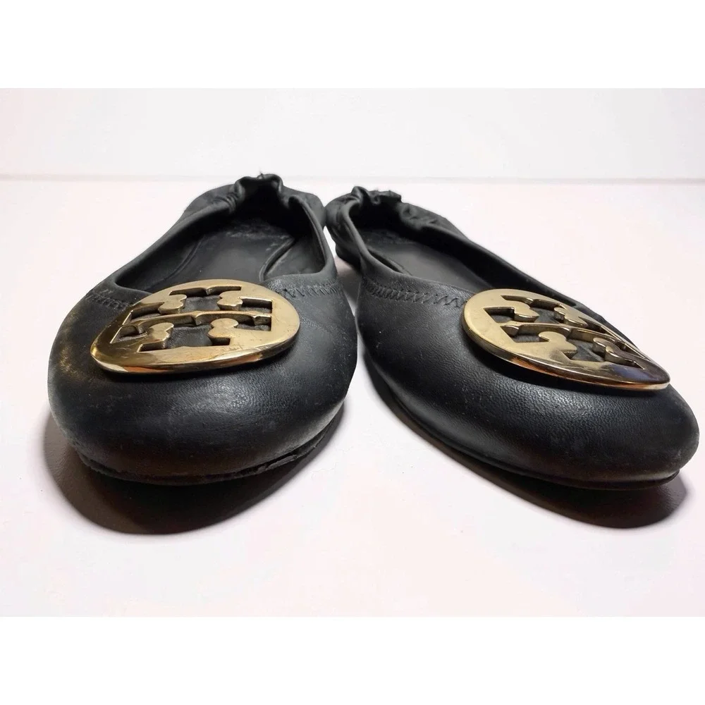 Tory Burch Reva Ballet Flats Gold Medallion Black Leather Comfy Stretch Size 10